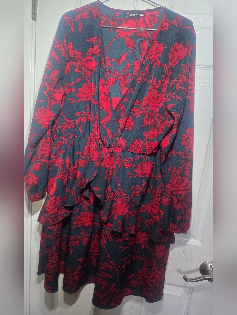 Uguest Women’s 2XL Black Red Floral Ruffle Wrap Dress Long Sleeve Boho